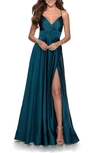 La Femme Satin Empire Waist Sleeveless Gown In Teal