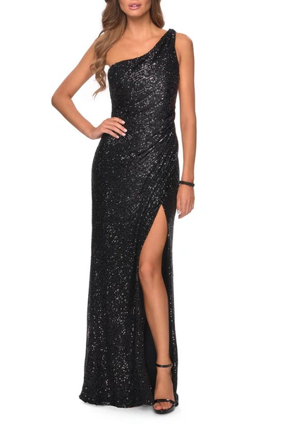 La Femme Long Sequin One Shoulder Ruched Dress In Black