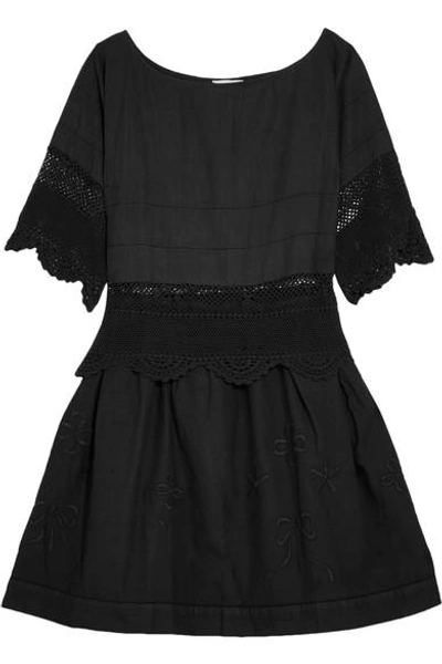 Place Nationale Rapahel Crochet-trimmed Embroidered Cotton-voile Mini Dress In Black