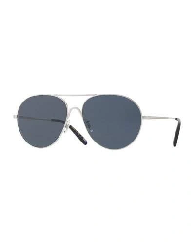 Oliver Peoples Rockmore Metal Oversized Pilot Sunglasses, Brushed Silver/blue