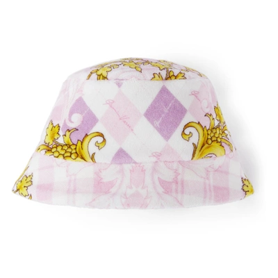 Versace Baby White & Pink Barocco Argyle Bucket Hat In 5p060 Pink+gold