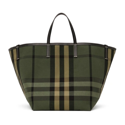 Burberry Green Check Medium Beach Tote In Military Green