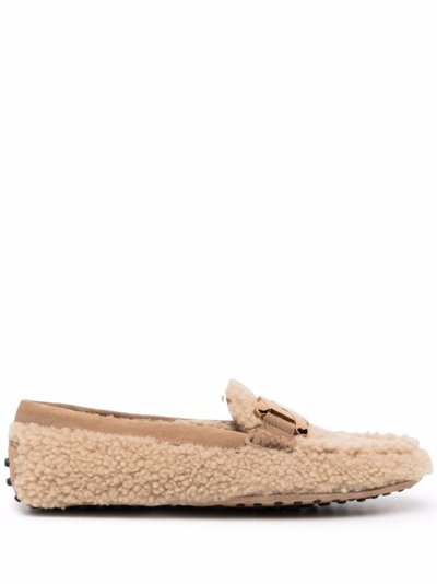 Tod's Brown Gommino Shearling Loafers - Women's - Lamb Fur/rubber In Beige