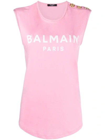 Balmain Logo印花无袖上衣 In Pink