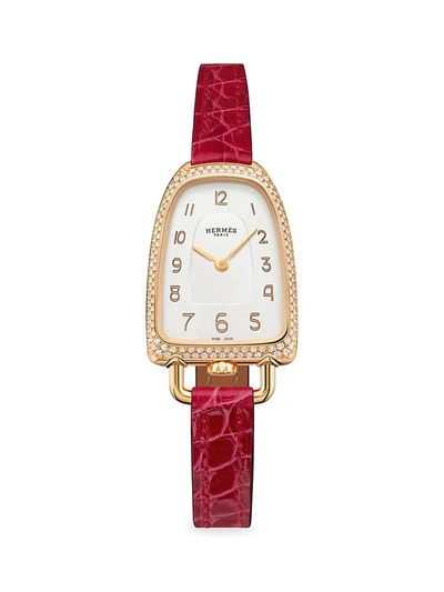 Herm S Women's Galop D'hermès 18k Rose Gold, 0.37 Tcw Diamond & Alligator Leather Strap Watch/20mm X 27.2mm In Red