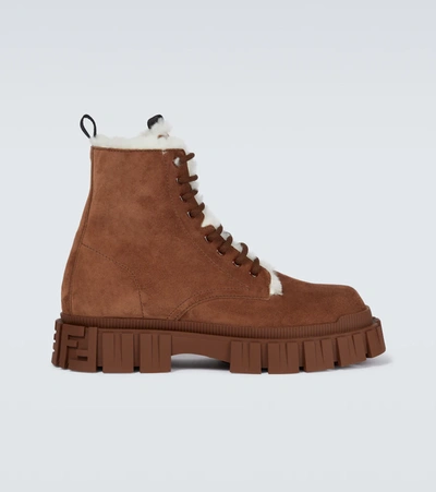 Fendi Shearling-lined Force Lace-up Boots In Marron