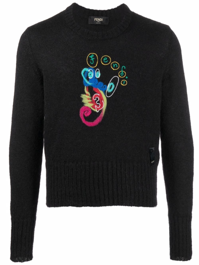 Fendi X Noel Fielding Seahorse Embroidered Mohair Blend Sweater In Black