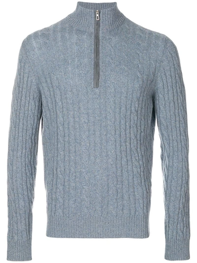 Loro Piana Cable Knit Zipped Neck Jumper In Blue