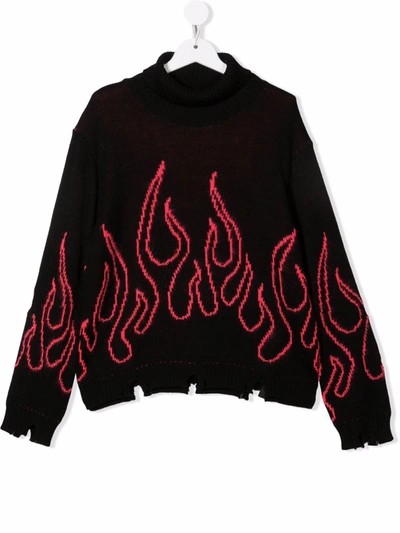 Vision Of Super Kids' Distressed Flame-trim Rollneck Sweater In Black