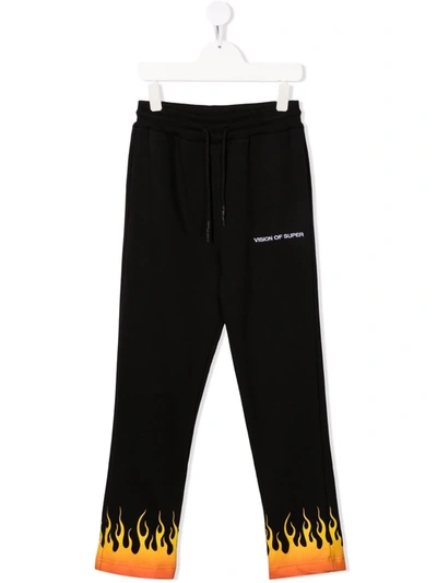 Vision Of Super Teen Flame-trim Straight Joggers In Black