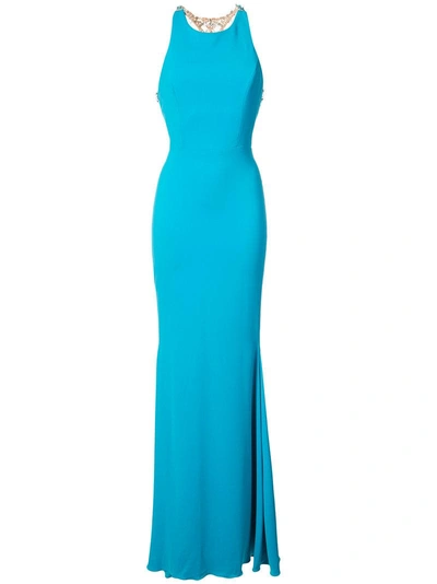 Marchesa Notte Embellished Back Gown In Blue