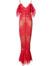 Marchesa Notte Navy Off The Shoulder Guipure Evening Gown In Red