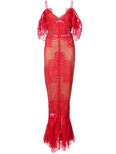 Marchesa Notte Navy Off The Shoulder Guipure Evening Gown