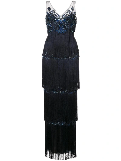 Marchesa Notte Embroidered Fringed Gown In Blue
