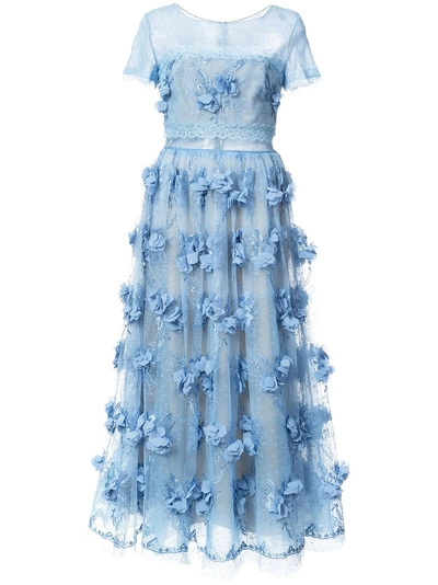 Marchesa Notte Floral-appliquéd Lace Dress In Blue