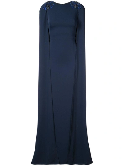 Marchesa Notte Embellished Cape-effect Gown In Blue