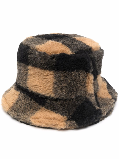 Stand Studio Wera Buffalo Check Faux Fur Bucket Hat In Brown