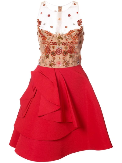 Marchesa Notte Sheer Embellished Ruffle Dress In Red