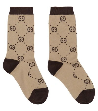 Gucci Kids' Logo Intarsia Cotton Blend Knit Socks In 9764 - Beige/dark