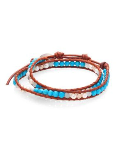 Chan Luu Pearl, Turquoise & Amazonite Leather Wrap Bracelet In Turquoise Brown