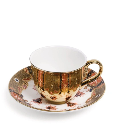 Richard Brendon Dragon Flower Teacup And Saucer Set In Gold Multi Colour
