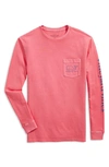 Vineyard Vines Garment Dyed Vintage Whale Long-sleeve Pocket Graphic Tee In Lobster Reef