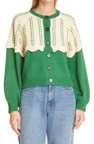 The Great The Scallop Two-tone Embroidered Cotton-blend Cardigan In Green
