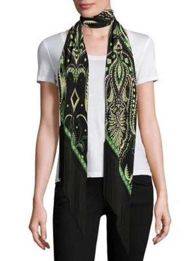 Rockins Prickly Paisley Classic Fringed Silk Scarf In Green-black