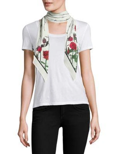 Rockins Roses Super Skinny Silk Scarf In White-multi