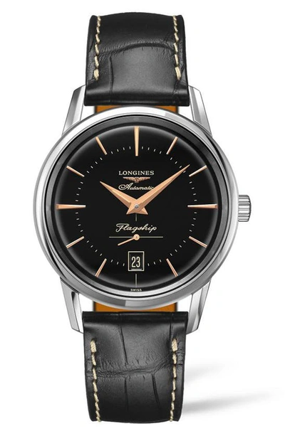 Longines Flagship Heritage Automatic Leather Strap Watch, 38.5mm In Black/ Silver