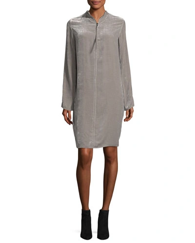 Rick Owens Long-sleeve High-neck Velvet Tunic Dress In Light Gray