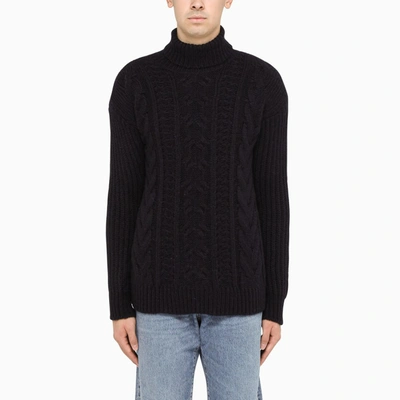 Roberto Collina Navy Braid-trim Turtleneck Sweater In Blue