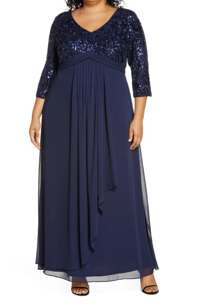 Alex Evenings Sequin Bodice Gown In Navy