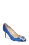 Manolo Blahnik Hangisi Pointed Toe Pump In Blue Satin/ Clear