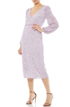 Mac Duggal Blouson Sleeve Sequined Surplice Midi Dress In Lavender