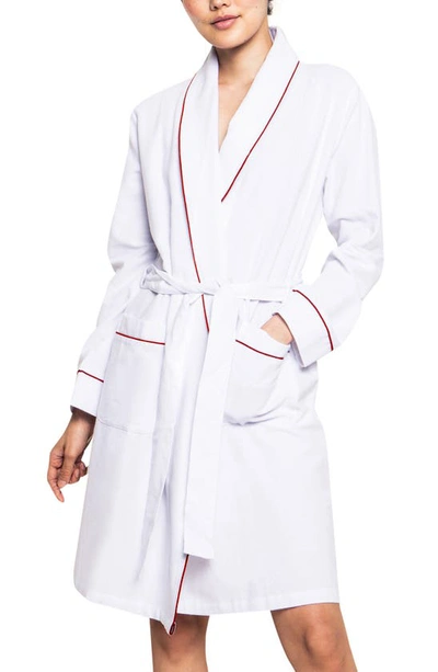 Petite Plume White Cotton Flannel Robe With Red Piping