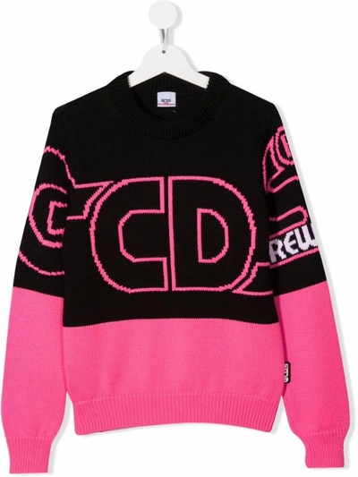Gcds Teen Intarsia-knit Colour-block Jumper In Black