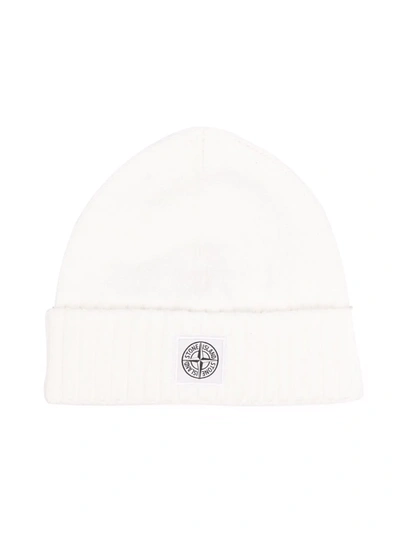 Stone Island Kids' Logo-patch Cotton-blend Beanie In White