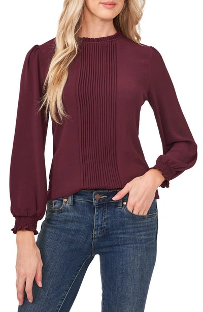 Cece Pintucked Smocked Cuff Chiffon Top In Rich Cabernet