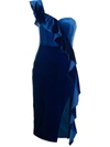 Aidan Mattox Velvet Ruffle-trim One-shoulder Dress In Deep Ocean