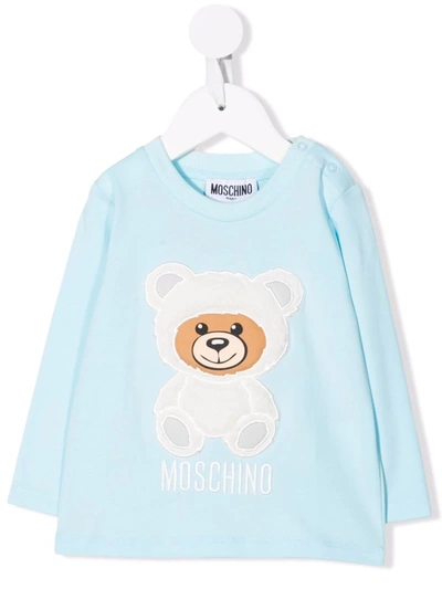 Moschino Babies' Long-sleeved T- Shirt In Light Blue Cotton With Teddy Bear