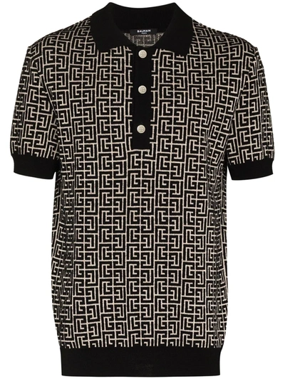 Balmain Monogram-pattern Knitted Polo Shirt In 黑色