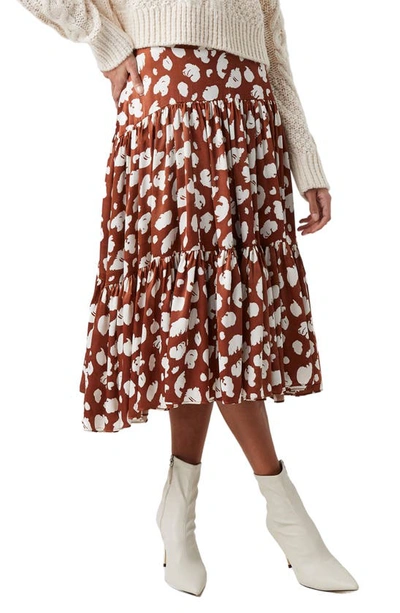 French Connection Aimee Midi Tiered Circle Skirt In Orange Brown Flowers