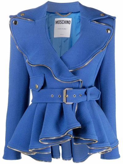 Moschino Couture Biker Crepe Jacket With Ruffles In Blue