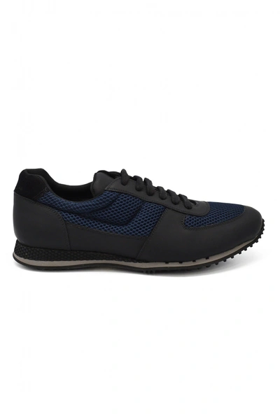 Car Shoe Luxury Trainers For Men    Trainers In Black Leather And Blue Fabric