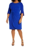 Connected Apparel Gathered Bell Sleeve Faux Wrap Dress In Deep Cobalt
