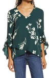 Vince Camuto Floral Print Trumpet Sleeve Top In Windsor Moss