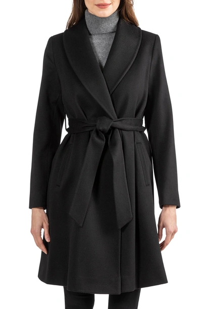 Sofia Cashmere Rounded Shawl Collar 3/4 Length Wool Blend Coat In 001blk