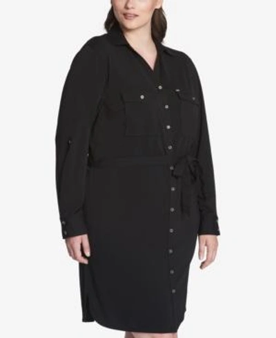Tommy Hilfiger Plus Size Belted Shirtdress, Created For Macy's In Black