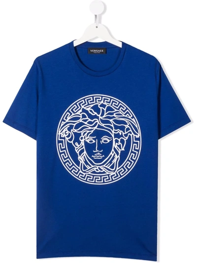 Versace Kids' Boy's Medusa Logo Crewneck T-shirt, Sizes 4-6 In Bluette White
